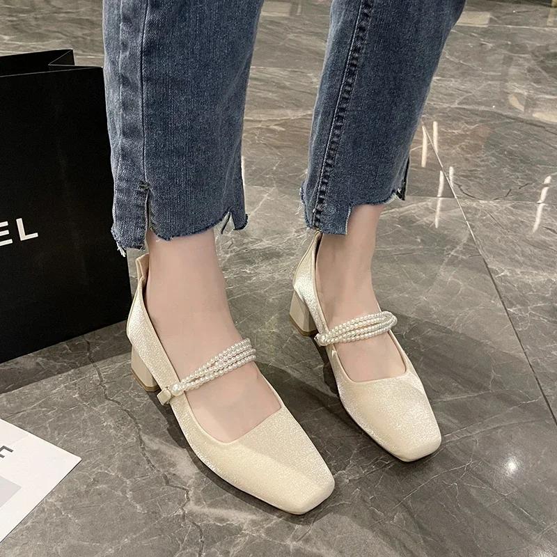 2024 Женские туфли Мэри Джейн Модные туфли на низком каблуке без застежки Женские элегантные гладиаторские туфли на высоком каблуке для улицы
