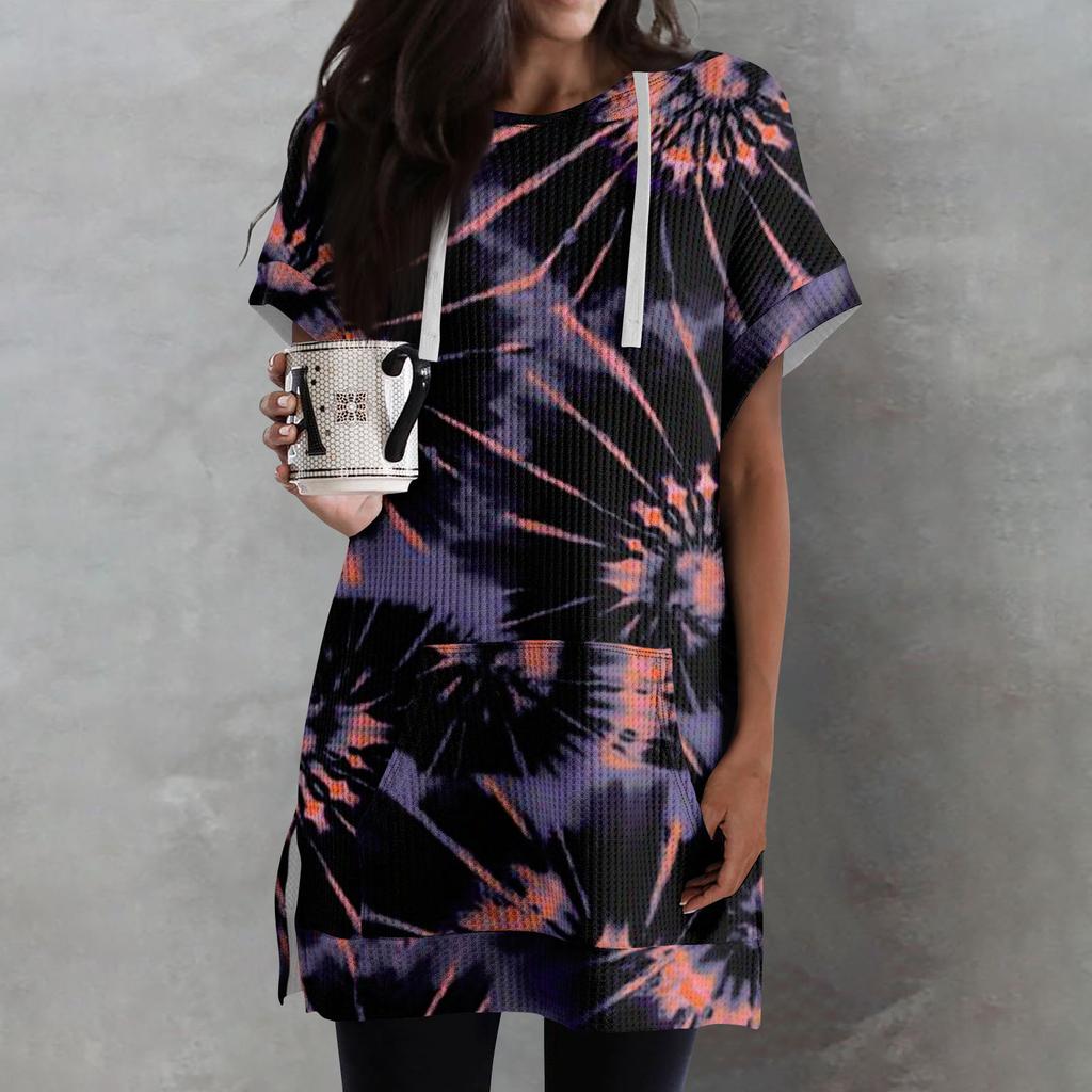 Женские свободные рубашки с принтом, толстовки с короткими рукавами и шнурком, вязаная туника с боковыми разрезами, топы с капюшоном и карманом