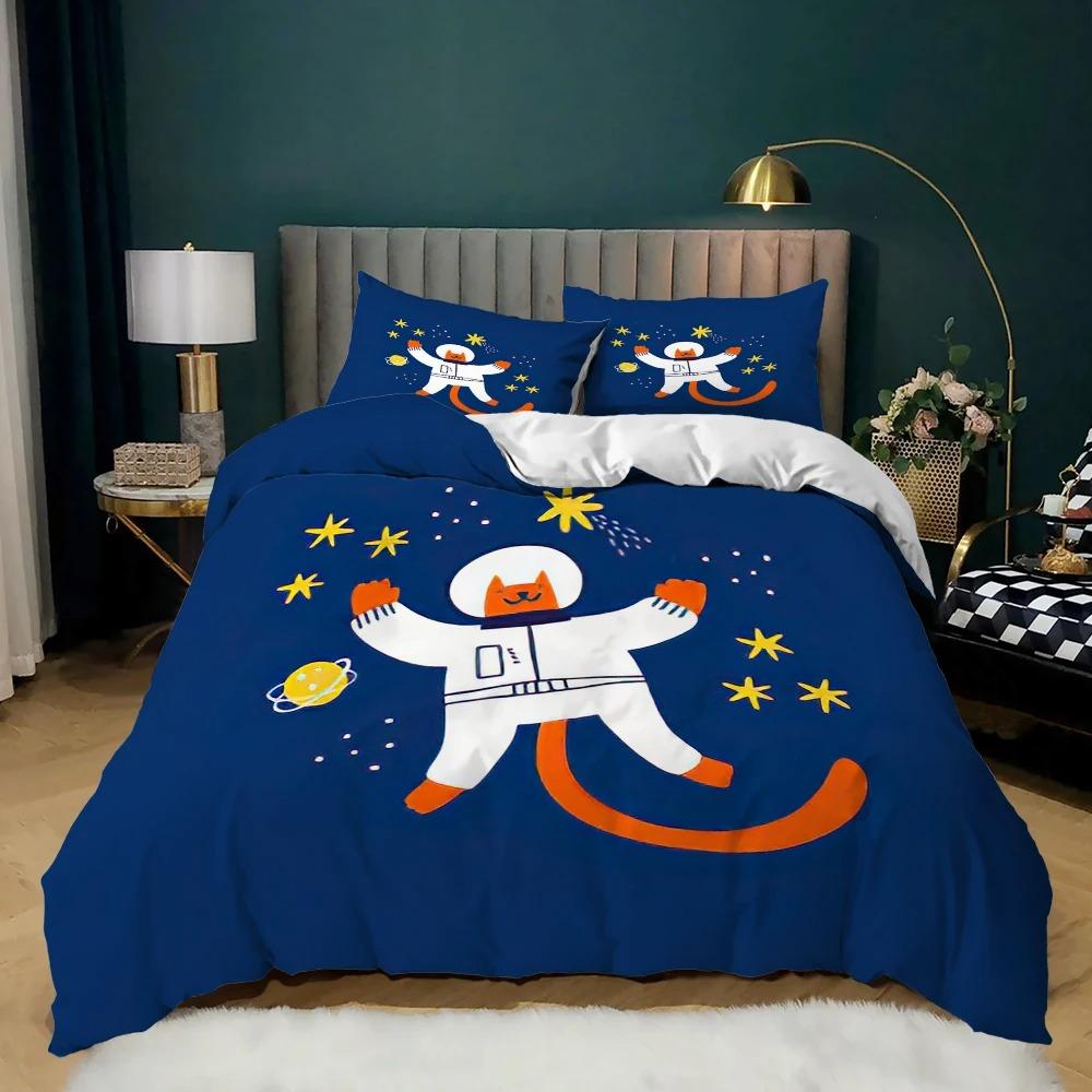 Мультяшное животное Пододеяльник Микрофибра Свинья Астронавт Красный Комплект постельного белья Космос Вселенная Животная тематика Король Покрывало