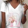 Pink Sakura 26 Alphabet Fashion Casual Tops Unisex Cherry Blossom Lover Vneck Short Sleeve Tshirt Letter R Floral Gift Clothing