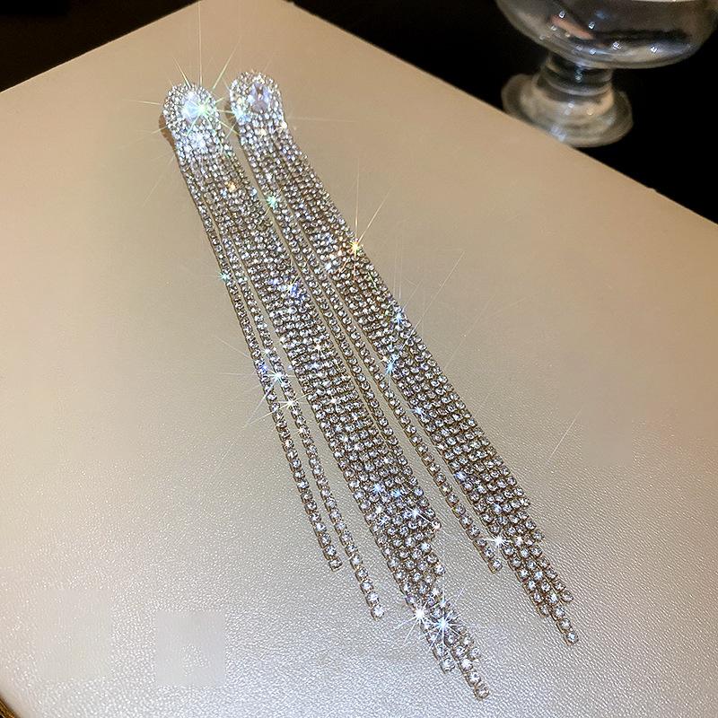 Silver Needle Diamond Elliptical Zircon Tassel Earrings European and American Exaggerated Design Earrings Fashion Advanced Earrings
