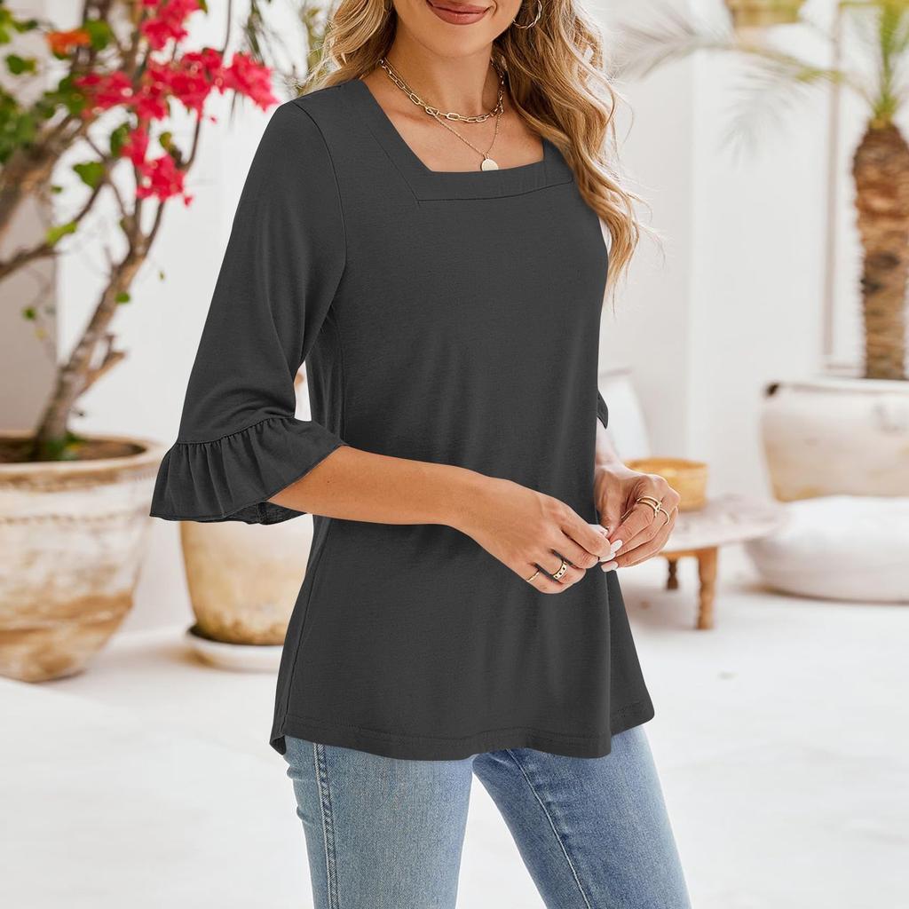 Women's Casual 3/4 Sleeve Tops Summer Square Neck T Shirts Ruffle Loose Fit Tunic Blouses