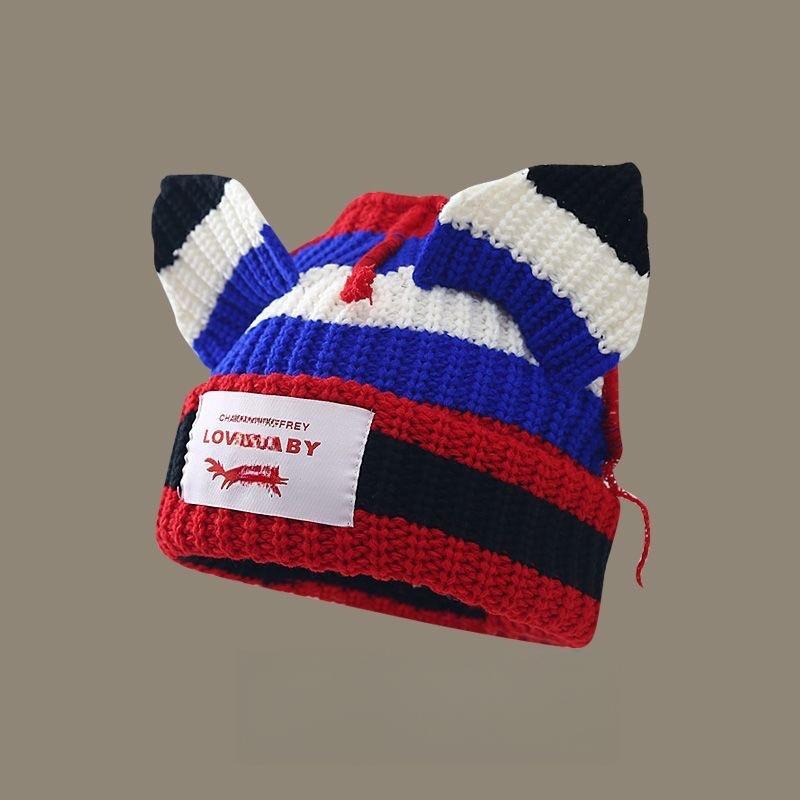 1PC Spliced Colors Fashionable Knitted Hat Keep Warm Gathering Take Photos Pig Ears Thickened Cute Festival New Style