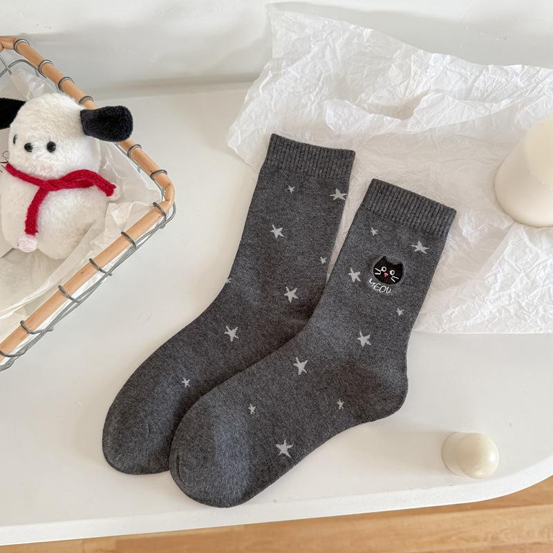 10Pair Star Socks Female Cute Cat Embroidery Tube Socks Autumn And Winter Cotton Socks Cartoon Student Stacking Socks