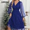 Women's New V-neck Elegant Slim Pure Colour Splicing Mesh See-through Sprinkle Dresses