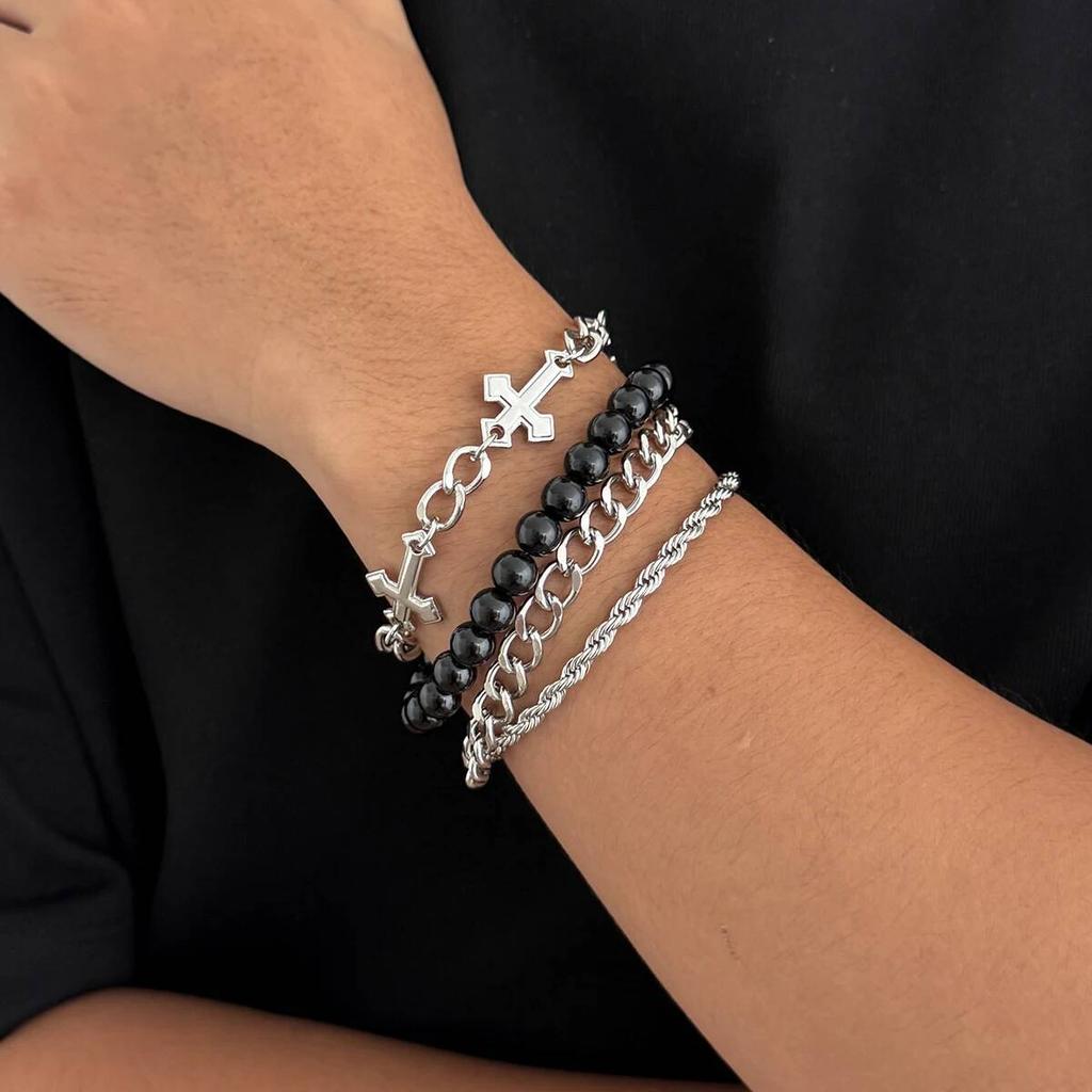 Ingemark 4Pcs/Set Punk Cross Beads Chain Bracelets for Men on Hand Hip Hop Adjustable Chain Bangles Couple Halloween Jewelry