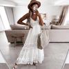 Sleeveless Summer Beach Long Sexy Dress Women Elegant V-neck Hollow Lace Spliced Dress Solid Vacation Loose Vintage Bohemia Dresses 24165