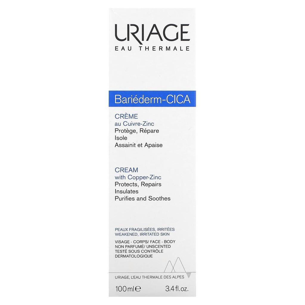 Uriage Bariederm-Cica Cream, with Copper-Zinc, Unscented, 3.4 Fl Oz (100 Ml)