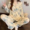 Spring and Autumn Women's Simple Striped Floral Printed Premium Feeling Pajamas Homewear Set Girls Long Sleeve Loungewear Se