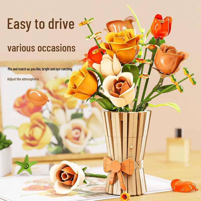 Building Block Flower Bouquet - Decorative Simulated Floral Gift for Girls