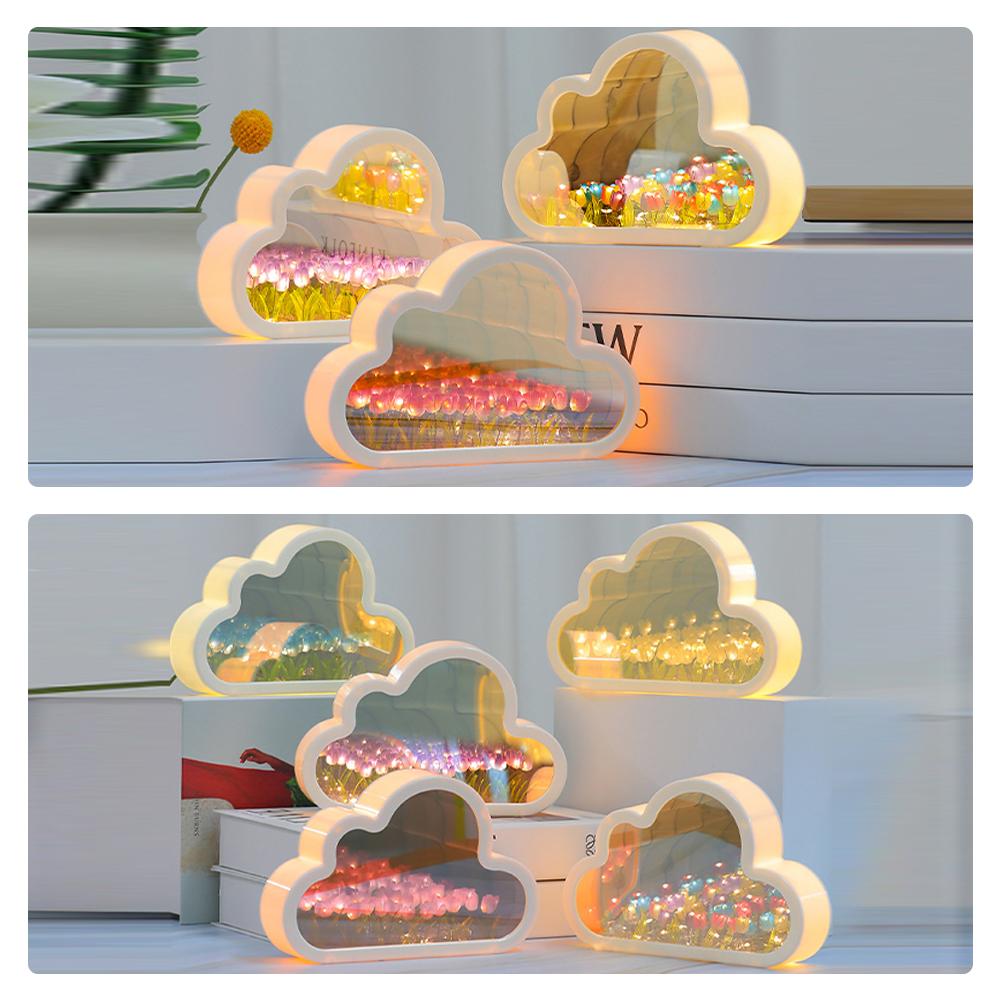 DIY Tulip Night Lights Cloud Shape Mirror Simulation Flower Sleeping Table Lamp for Bedroom Party Decoration Birthday Gifts