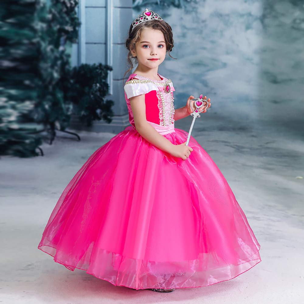 [EKALA] Princess Aurora Dress Children's Dress Cosplay Cindere Frozen Princess Dress Costume Luxury 7 Piece Set Pink (Princess Dress, Heart Tiara,