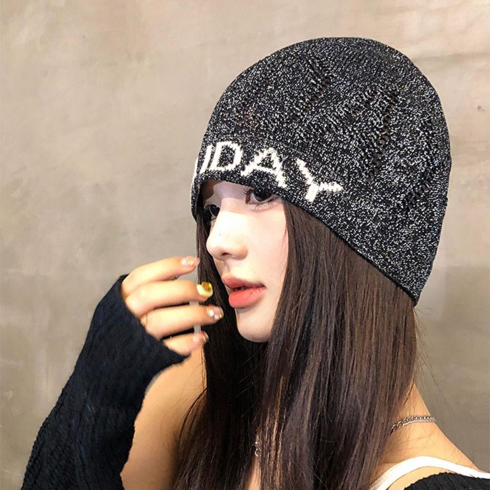 Vintage Letter Beanie Hat Cool Knitted Pullover Hat Fashion Sequin Knitted Hat  Streetwear