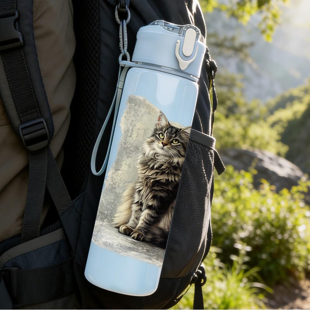 1PC Vintage Cat Old Photo Pillow Print 750ml Color Plastic Sports Water Bottle Leakproof Flip Straw Lid Suitable for Sports Office Home Use