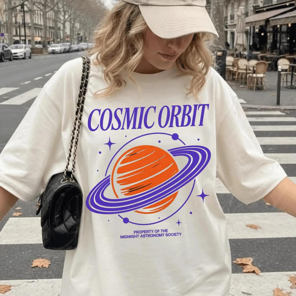 Unisexs Vintage Cosmic Orbit Space Graphic Oversized Streetwear Short Sleeve All Season Cotton Tee