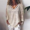 Women Half Sleeve Cotton Linen Hollow Out  Lace Patchwork T-Shirt Blouse Tops