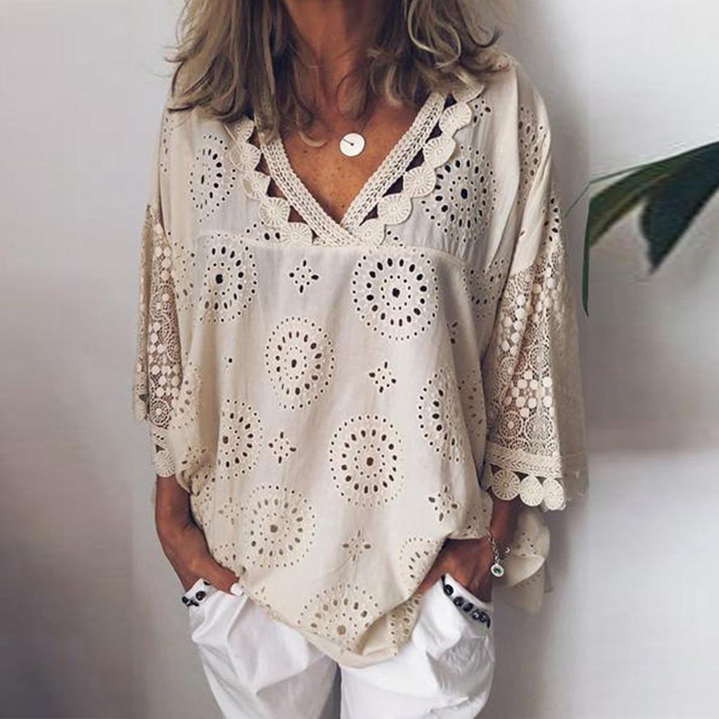 Women Half Sleeve Cotton Linen Hollow Out Lace Patchwork T-Shirt Blouse Tops