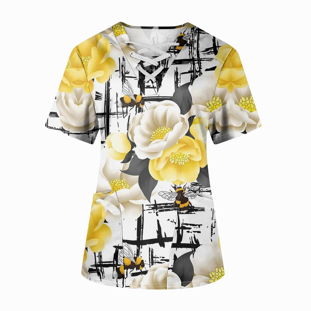 Плюс размерСкраб с принтом Рабочая форма Топы для женщин Крест V-образным вырезом Хэллоуин Принт с короткими рукавами Забавные футболки Спецодежда Футболка с карманами