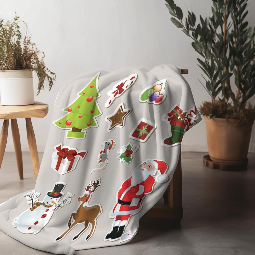 Cozy Flannel Blanket Throw Soft Warm Fuzzy Plush Blanket Home Decor Bedding Gift Holiday Christmas Santa Claus Snowman Reindeer