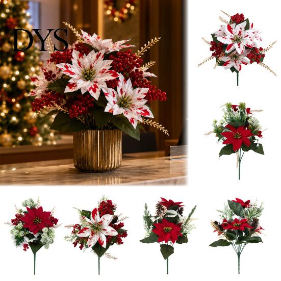 Декоративная зелень для помещений и улицы, 5/7/10/12 головок, искусственные цветы пуансеттии, рождественский подсвечник с искусственными цветами и ягодами, пластиковые растения для