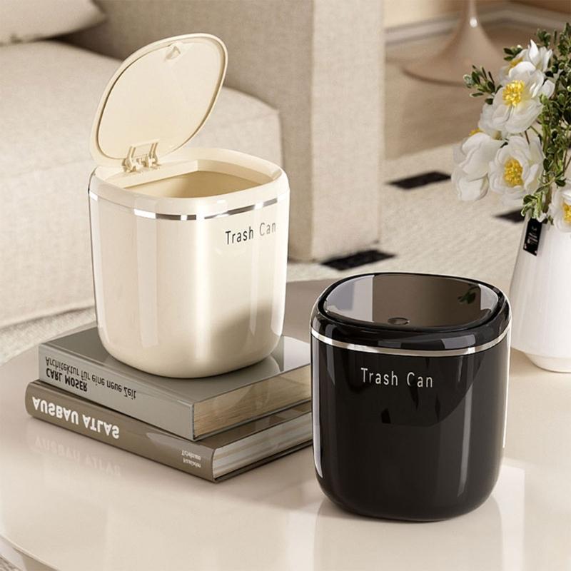 Mini Cream Flips Lid Trash Can Durable Plastic For Desk Organization In Dorm And Office With Space Saving