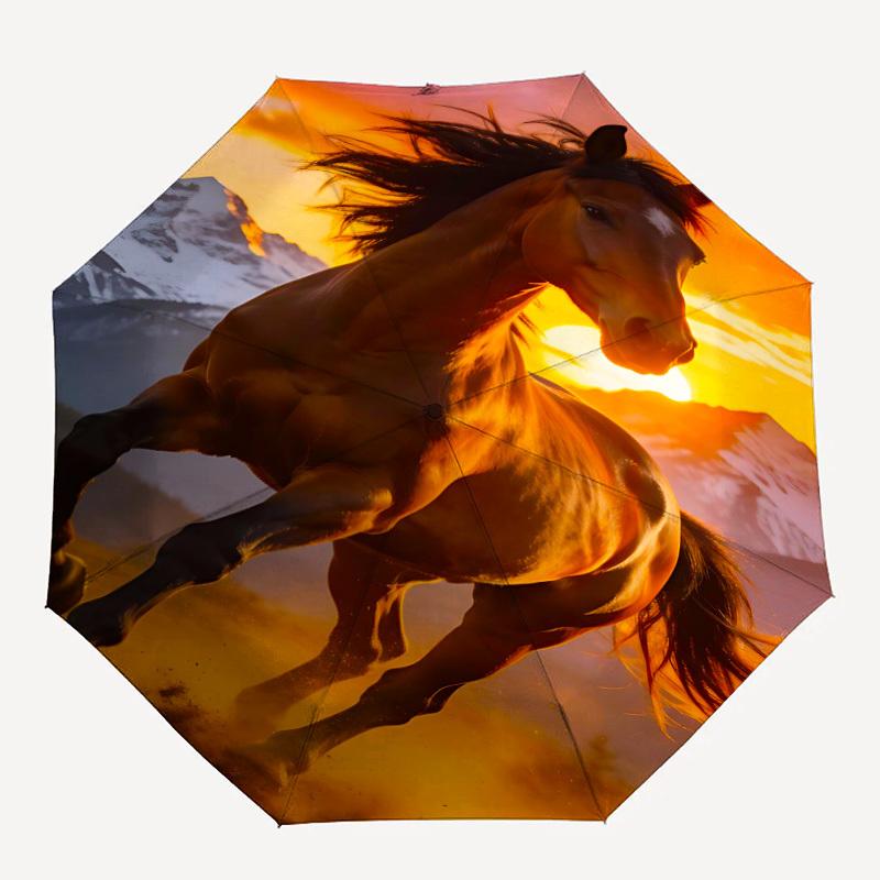 1pc Horse Sunset Automatic Folding Umbrella Portable Collapsible 8-Rib Umbrella for All Seasons, Casual Outdoor Accessory, B58