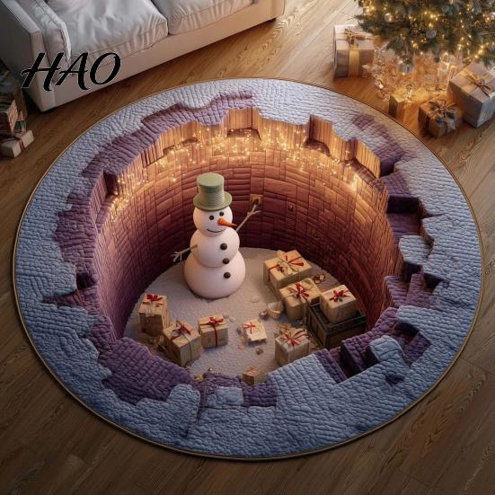 Indoor Festive Area Rug Christmas 3D Rug, Illusion Round Decorative Winter Seasonal Floor Mat, Carpet for Home Living Room Holiday Decoration Decor
