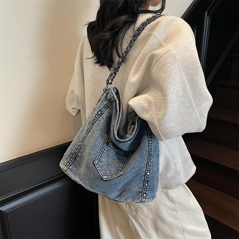Винтажная джинсовая сумка-тоут, большая вместительная сумка через плечо, женская сумка через плечо с цепочкой