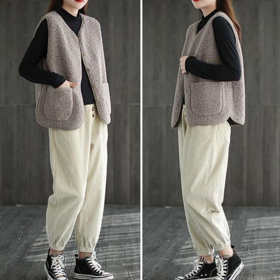 Осень-зима Женский жилет Пальто флисовый однобортный с V-образным вырезом и двумя карманами Кардиган без рукавов Однотонный повседневный офисный жилет