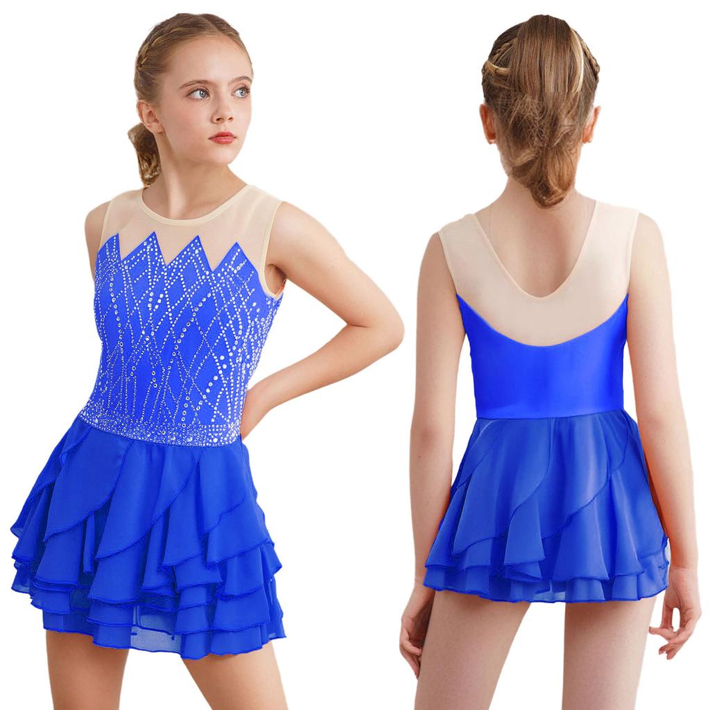 Kids Girls Rhythm Gymnastics Ballet Skirted Leotards Dresses Shiny Rhinestones Figure Skating Lyrical Dance Performance Costume