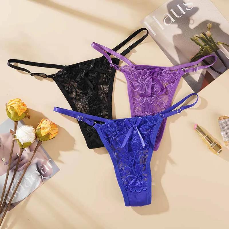 Sexy Adjustable Lingerie Women Low Rise Lace Thongs Sexy Hollow Out Underpants Female Breathable Perspective Thongs Underwear
