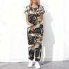 Women Plus Size Cartoon Excavator Printed Scrub Set Cutout Neck Short Sleeve Pocket Top Long Pants Two Piece