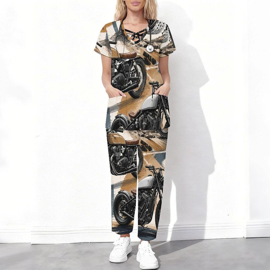 Women Plus Size Cartoon Excavator Printed Scrub Set Cutout Neck Short Sleeve Pocket Top Long Pants Two Piece
