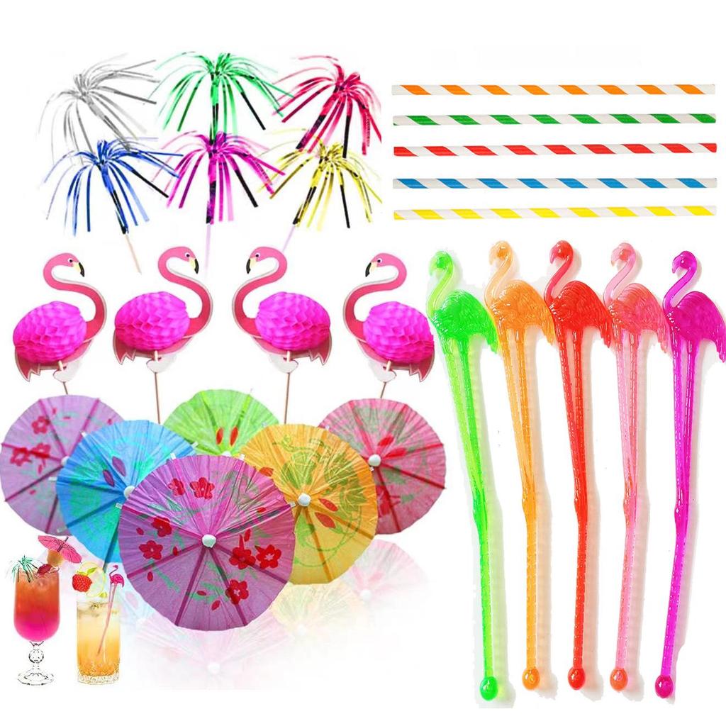 Hawaiian Party Set: 100PCS Colorful Paper Straws, Umbrella Picks, Fruit Picks, Honeycomb Pineapples, Flamingos, Firework Picks