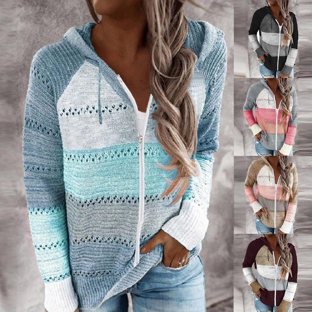Womens Zip Up Color Block Hoodie Sweaters Long Sleeve Cardigan Sweatshirts