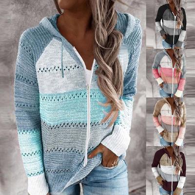 Женские свитера с капюшоном на молнии с цветными блоками, кардиганы с длинными рукавами, толстовки