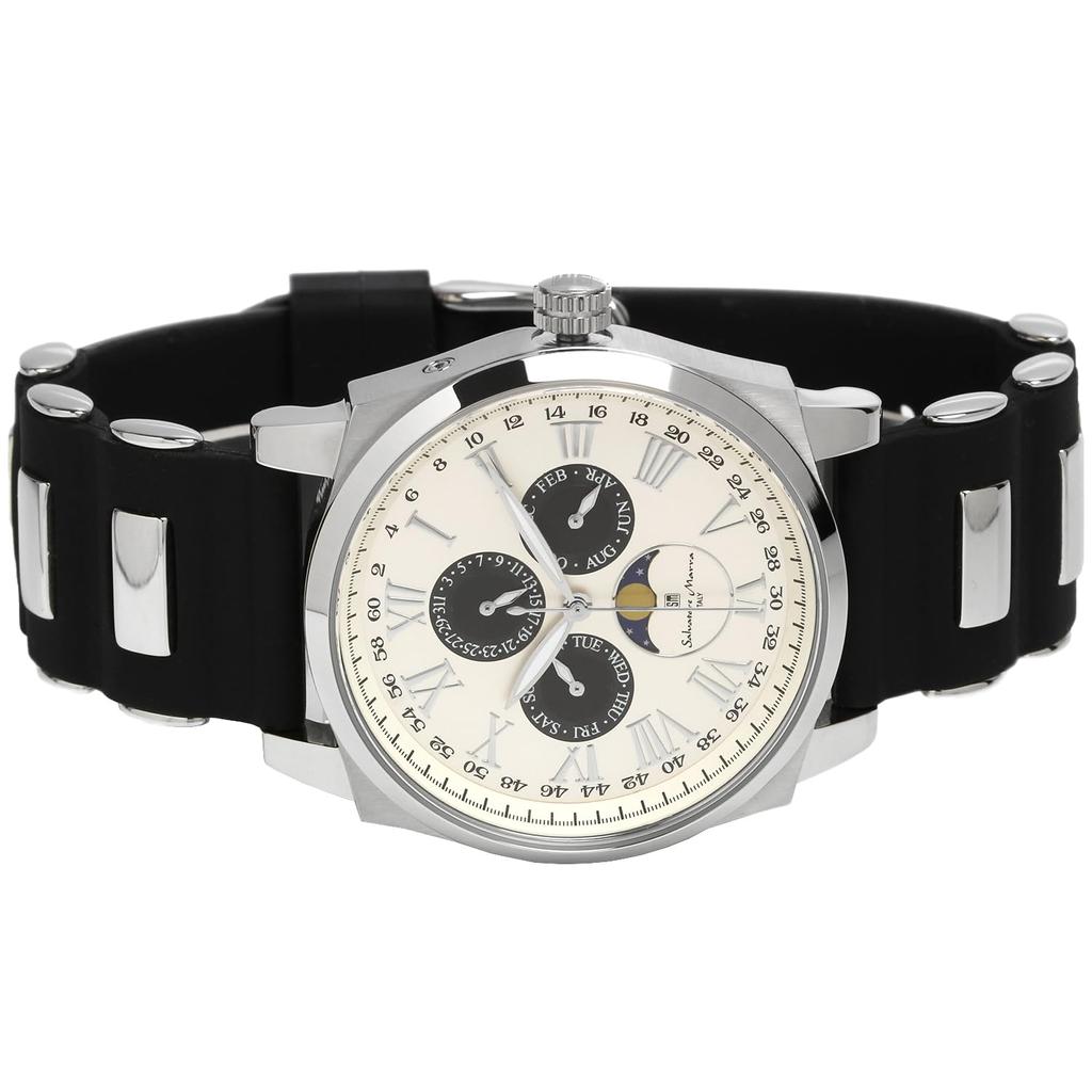 Часы Moon Phase Multi Calendar 5 ATM Водонепроницаемые Деловые Формальные Резиновый Ремень Ограниченная Модель Белый Серебристый [Salvatore Mara] Мужские SM22105R-SSWHBK