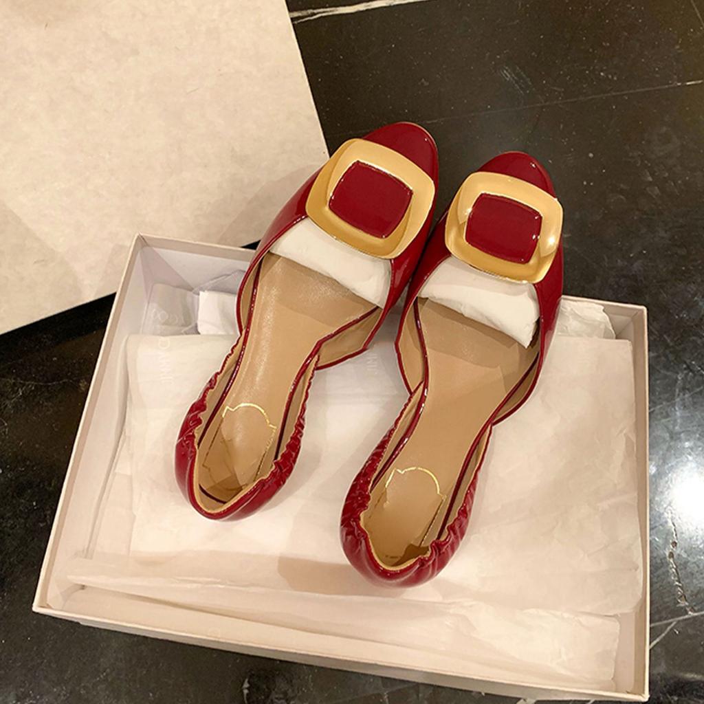 [Женская обувь источник Litong] офисная леди~ чипсы квадратная пряжка плиссированные полые плоские одинарные туфли женские туфли бабушки