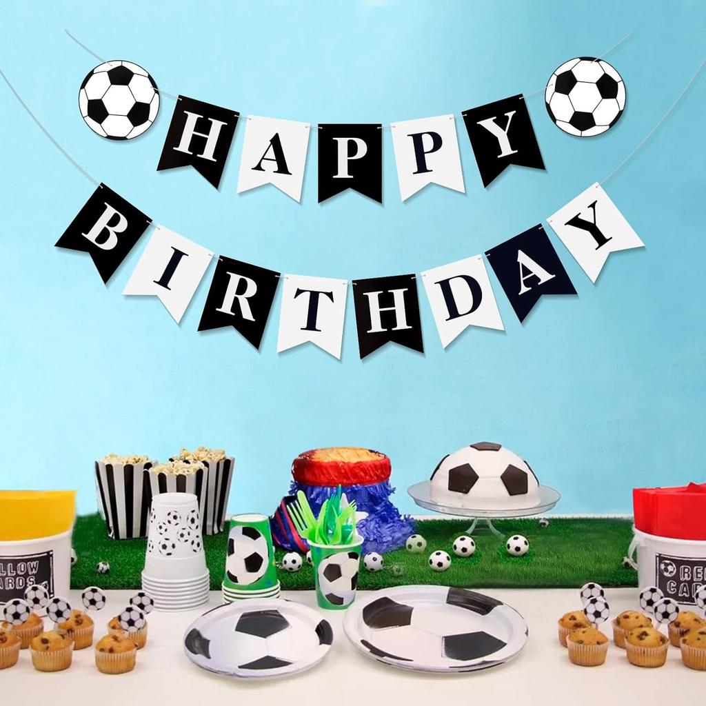 Soccer Happy Birthday Banner Black White, Personalized Letters Name Banner Sign, Birthday Garland Wall Door Banners Flag for Boys Girls Party