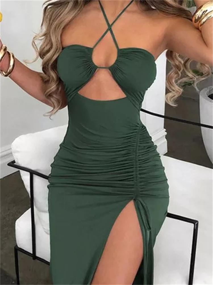 Hollow Out Drawstring Dress Women Sleeveless Backless High Split Elegant Ruched Dress Vestidos Partywear Robe Sexy Femme