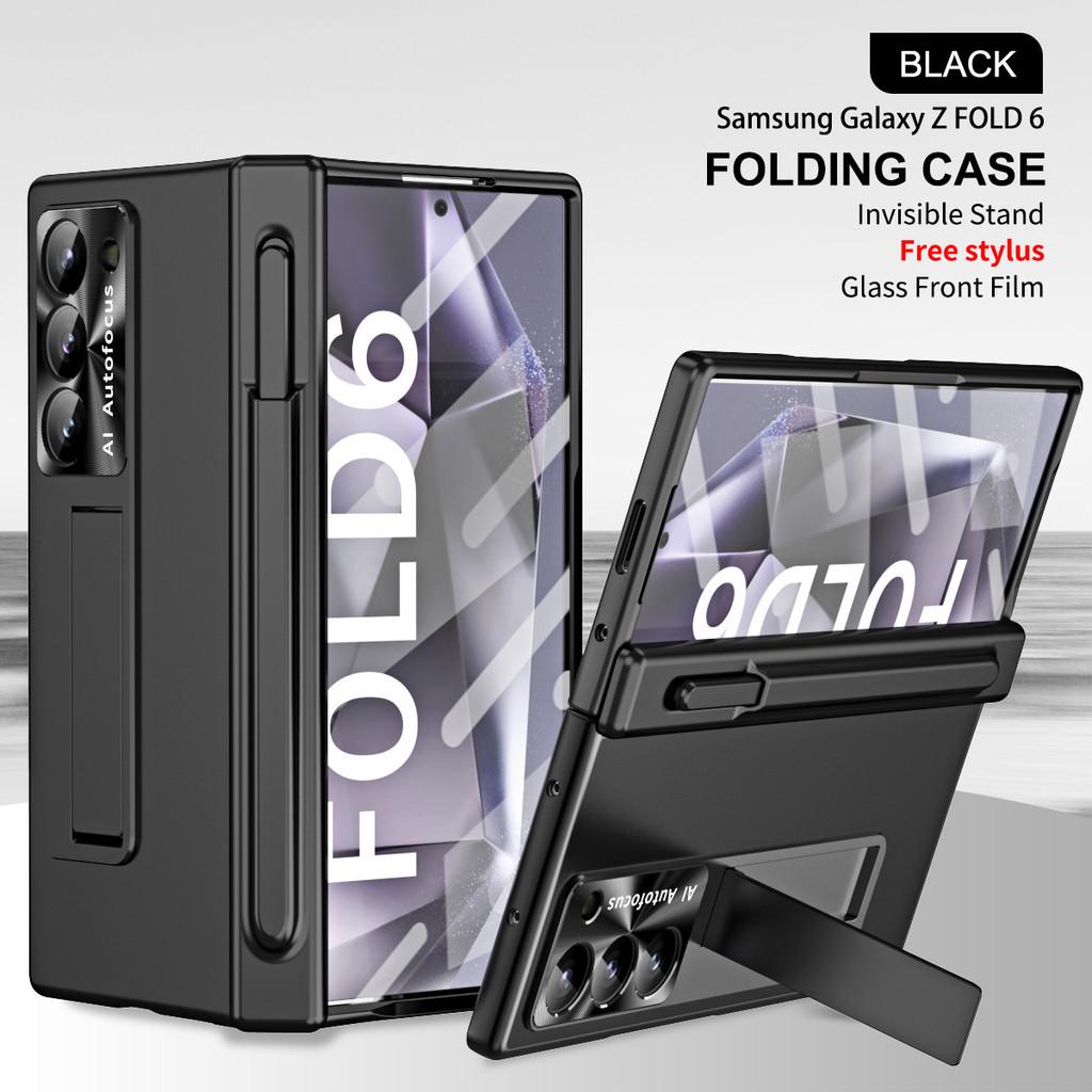 Гальванический складной чехол с гнездом для ручки для Samsung Galaxy Z Fold 6 Fold5 Fold4 3 5G Чехол из закаленной пленки Жесткий протектор Складной чехол-держатель-подставка