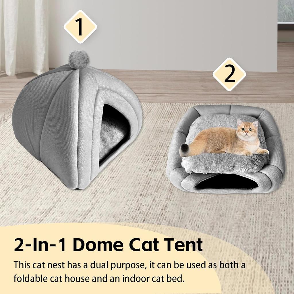 Cat Cave Bed Foldable Cat Bed Dome for Indoor Kitten with Removable Washable Cushion Kitten House Huts with Anti-Slip Bottom for Small Medium Kitty