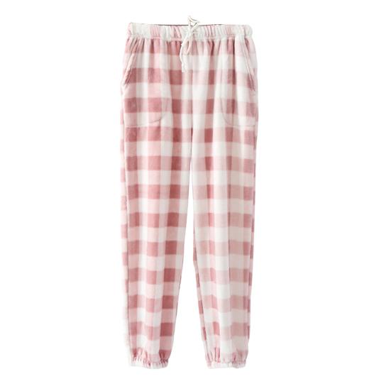 Winter Pajama Pants Thick Plush Elastic Waist Plaid Print Loose Keep Warm Leg-Binding Design Unisex Homewear Trousers Solid Color Lounge Bottoms