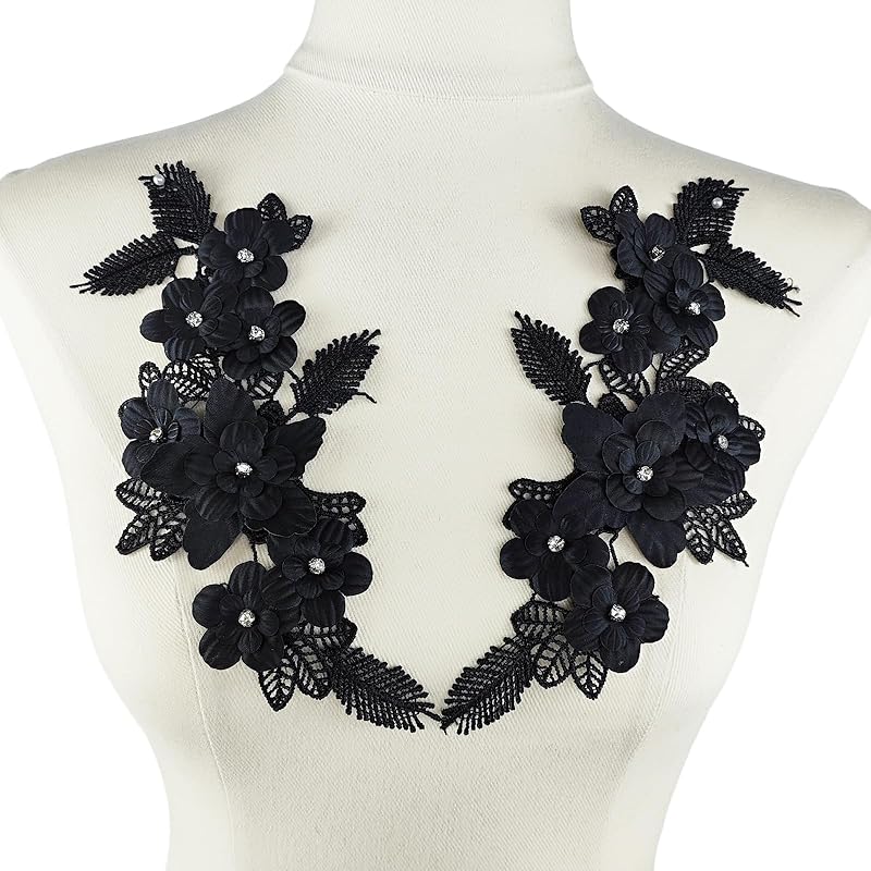 1 пара кружевных аппликаций с цветами, расшитых бисером и стразами, пришивные вышитые нашивки, аппликации для декора свадебного платья, DIY шитье, рукоделие, украшение, черные 9,2 x