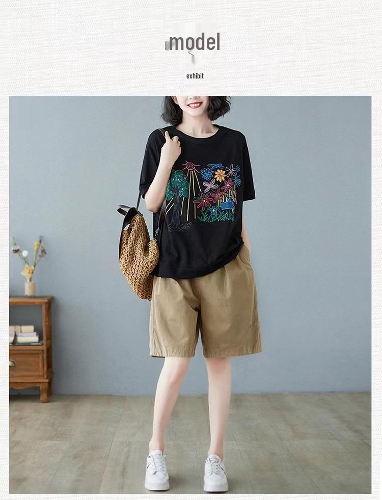 Women's Trendy Cotton Casual Loose-Fit Elastic Waist Shorts - Solid Color, Plus Size, Summer Style