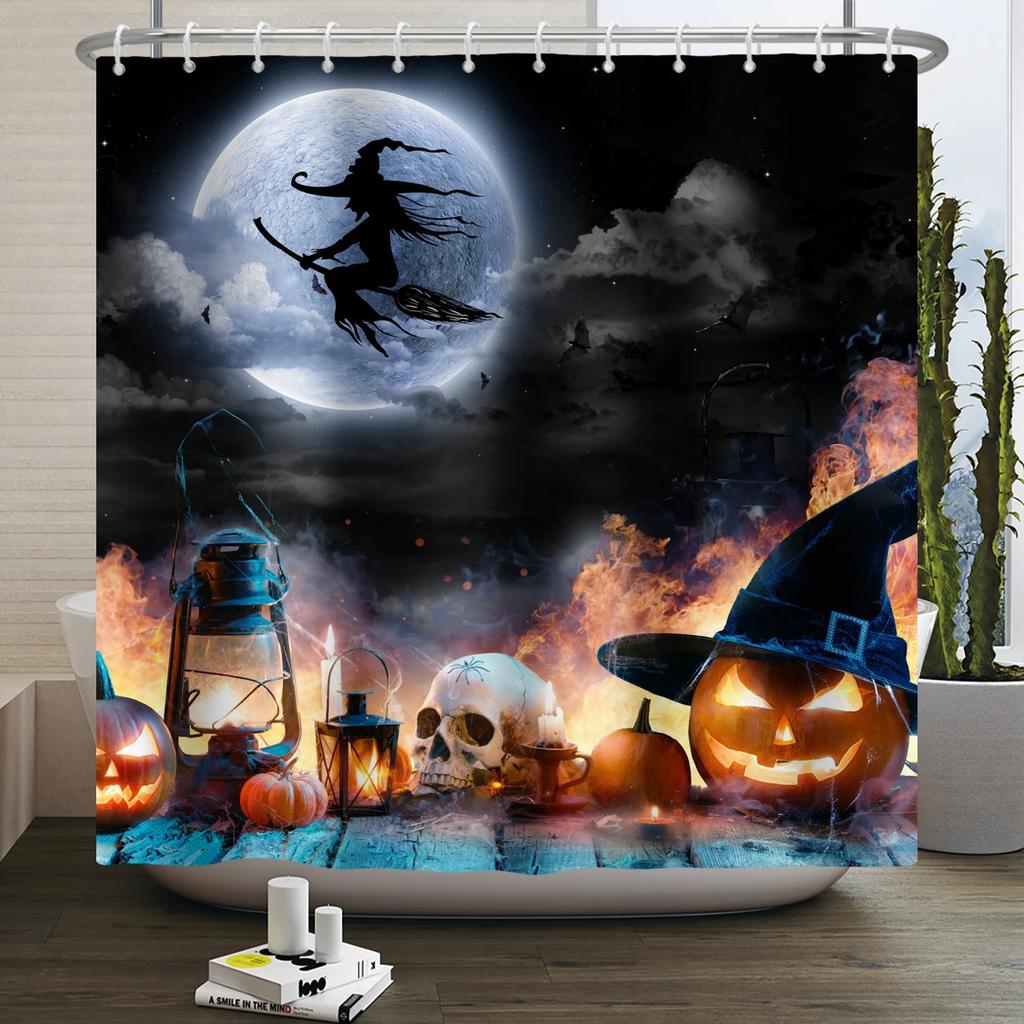 Хэллоуин Занавеска для душа Ужас Лунная ночь Тыква Череп Скелет Страшный Замок Ведьма Призрак Кладбище Водонепроницаемые Занавески для ванной