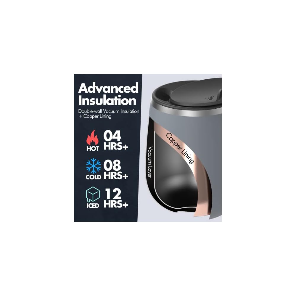 GRANDTIES Vacuum Insulated Mug, 460ml, 19 Colors, Easy-Open Slide Lid, Stainless Steel,