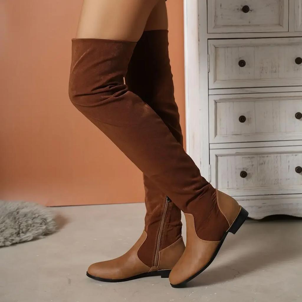 Модные женские сапоги выше колена, новые зимние модные сексуальные длинные сапоги из искусственной кожи с замшей в стиле пэчворк, женские туфли на плоской подошве, большой размер 43