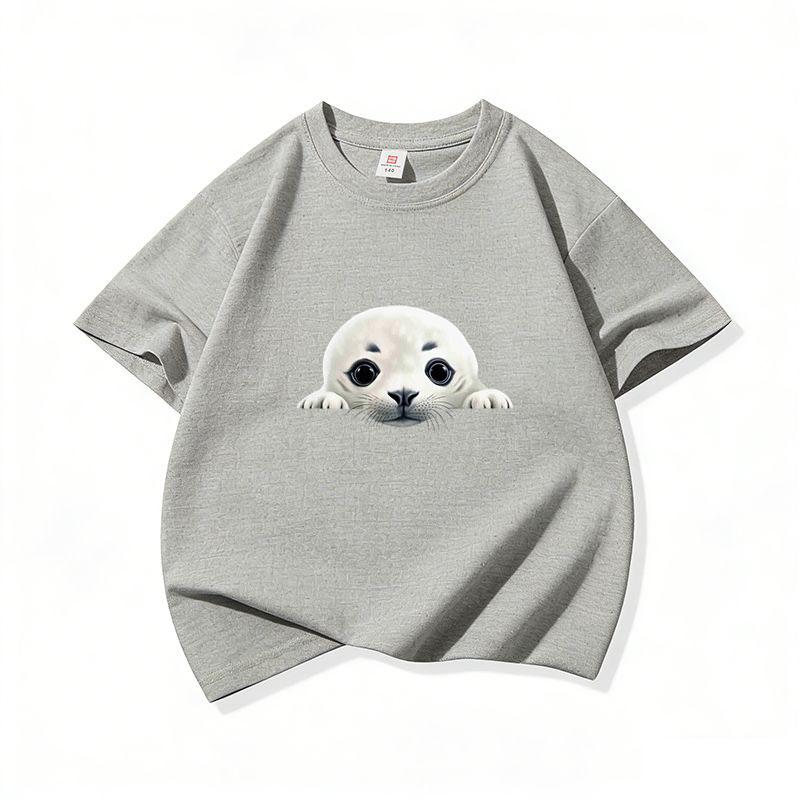 Kids Cotton T Shirt Cute Peeking Seal Print Crew Neck Short Sleeve Tee Casual Breathable Boys Girls Summer Tops