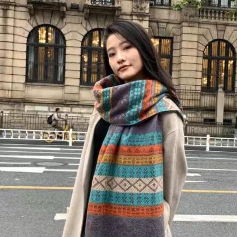Travel Ethnic Style Striped Faux Cashmere Thick Scarf Fashionable Versatile Windproof Scarf for Women